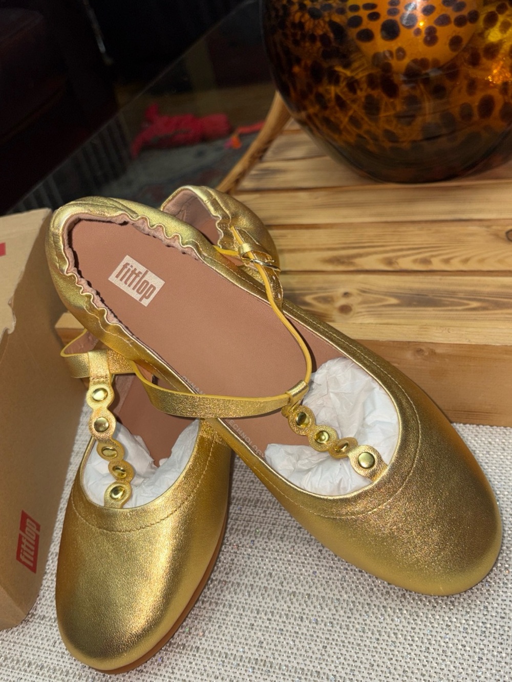 Fitflop Gold Metallic T-Strap Mary Jane Flats - Picture 7 of 8